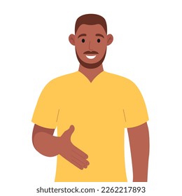 African american giving hand shake pose and smiling with welcome gesture. Vector illustration.