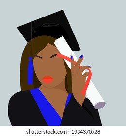 African American graduate student. Woman in mantle and graduation hat. Contemporary portrait 