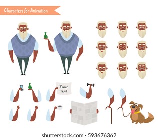 African American Grandfather character for scenes. Parts of body template for animation. Funny Old African American Man cartoon. Emoji face icons 