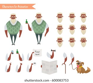 African American Grandfather character for scenes. Parts of body template for animation. Funny Old African American Man cartoon. Emoji face icons