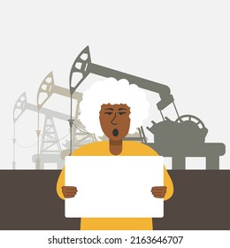 An African American grandma came out to protest with a white banner against the backdrop of oil and gas rigs. Oil Trading Rig Platform Black Wealth Concept Flat Vector. Rally meeting with posters