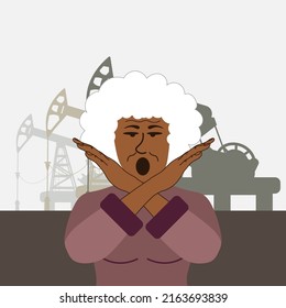 African american grandmother crossing arms, saying no gesture. Black elderly old woman making X shape, stop sign with hands. Background of oil platforms pumping towers petroleum. World oil embargo.
