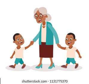 African american grandmother with her grandchildren walking. Two boys, twins. She takes them by the hand. Cartoon style, isolated on white background. Vector illustration.