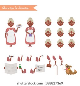 African American Grandmother housewife character for scenes. Parts of body template for animation. Funny African American Grandmother housewife cartoon. Emoji face icons