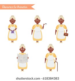 African American Grandmother housewife character for scenes. Funny African American Grandmother housewife cartoon.