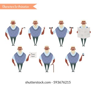 African American grandpa character for scenes. Funny African American grandpa cartoon. 