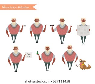 African American grandpa character for scenes. Funny African American grandpa cartoon.