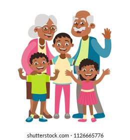 African american grandparents, grandson and two grandchildren portrait. Happy grandparents day concept. Vector illustration in cartoon style, isolated on white background. 