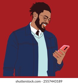 An African American guy with dreadlocks and blue jacket checking his mobile phone