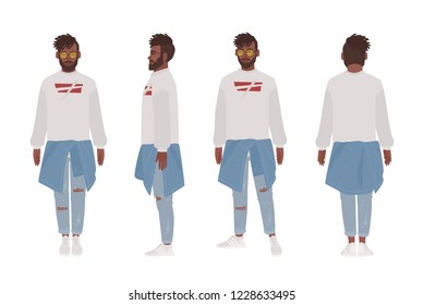 African American guy dressed in casual clothes. Stylish young man, street style look. Male cartoon character isolated on white background. Front, side and back views. Flat vector illustration.