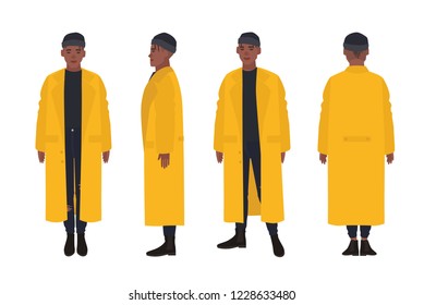 African American guy dressed in yellow raincoat. Young man in trendy coat, street style look. Male cartoon character isolated on white background. Front, side and back views. Flat vector illustration.
