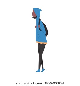 African American Guy in Hoodie Walking with Backpack, International College or University Student Character Vector Illustration
