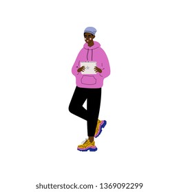 African American Guy in Modern Clothing Using Tablet Device , Trendy Creative Young Man with  Electronic Gadget Vector Illustration