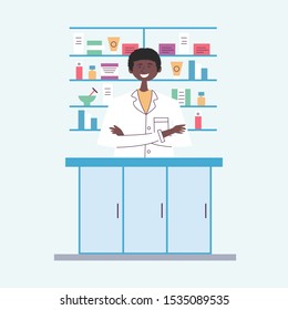 African American guy pharmacist behind the counter. Seller of medical drugs. The modern pharmacy. Vector
