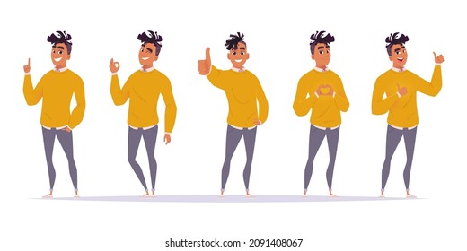 African American guy shows gestures like super, cool, heart, raised his finger up. Set of different poses and gestures