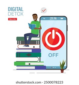 Un hombre afroamericano está sentado en una pila de libros y leer. Apagado smartphone, desintoxicación digital. No usar el teléfono móvil, gadget inteligente. Libre de Internet, smartphones y redes sociales. Vector plano