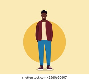 African American guy standing with a smile. Dressed in comfortable casual clothes.