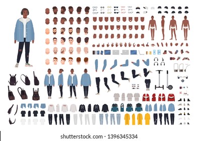 African American guy in street style outfit constructor set or DIY kit. Bundle of body parts, trendy clothes and accessories. Male cartoon character. Front, side, back views. Vector illustration.