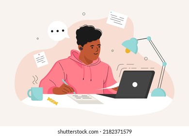 African american guy is Studying at home with a Laptop. Concept of Online Learning at home. Can be used for Educational website landing page, Students characters. Flat vector illustration.	