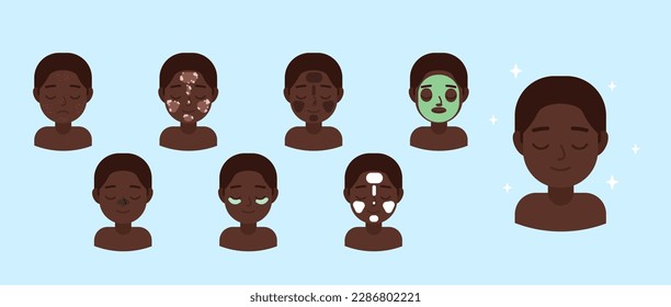 African American guy takes care of his face. Step by step instructions on how to use a cosmetic mask. The concept of skin care, hygiene and hydration. Set of flat vector illustrations and icons.