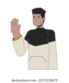 African american guy waving happy 2D linear cartoon character. Male black student saying hello isolated line vector person white background. Greet gesture. Body language color flat spot illustration