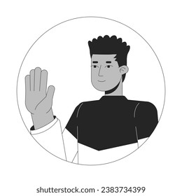 African american guy waving happy black and white 2D vector avatar illustration. Male black student saying hello outline cartoon character face isolated. Greeting gesture flat user profile image