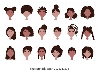 African American hairstyle collection. Social media avatar set with various hairdos. Ponytail, bun, straight, wavy and curly, bush of hair, dreadlocks, braids, pixie, loose. 