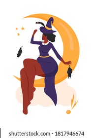 African american Halloween. Black beautiful witch is sitting on the yellow moon with bat, feather, stars, comet. Vector illustration for costume or masquerade party. Isolated on white background.