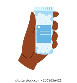 African american hand holding bottle with medicine. Container with pills