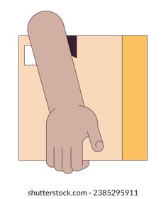 African american hand holding parcel linear cartoon character hand illustration. Carrying cardboard box outline 2D vector image, white background. Moving out activity editable flat color clipart