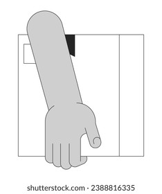 African american hand holding parcel cartoon human hand outline illustration. Carrying cardboard box 2D isolated black and white vector image. Moving out activity flat monochromatic drawing clip art