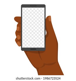 African american hand holding smartphone with transparent background in the screen. Vector isolated illustration of a mobile phone display. Blank space for your message.