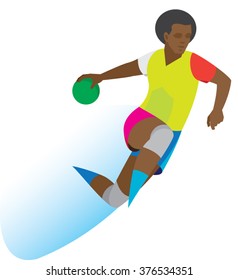 African American handball player throws a ball in a jump