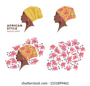 african american in a handkerchief with a print. Portrait, logo for beauty salons. Traditional african ethnic style
