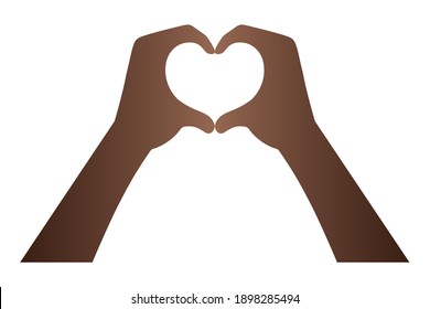 African American hands folded in the shape of a heart. The sign of love from the palms. Vector illustration. Isolated white background. Romantic gesture. Valentines Day. The fingers touch each other. 