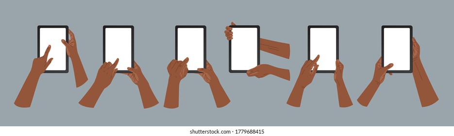 African American hands hold tablet pc  in vertical and horizontal positions. African American hands holding and touching a smartphone. Vector icons, emblem. Modern flat style.