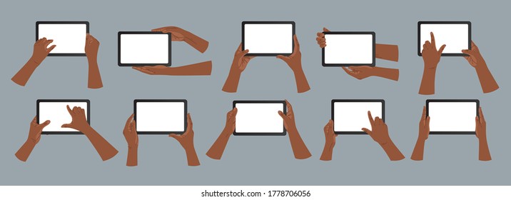 African American hands holding black tablet, isolated on grey background. Hand holding tablet pc. Flat style. Hand illustration set. Modern vector hands holding tablet pc with white screen.