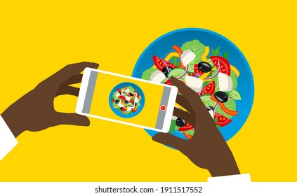 african american hands with smartphone shooting a fresh salad plate on yellow background . food blogger take a photo for social media vector illustration