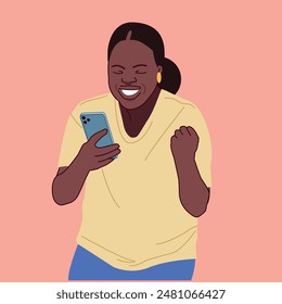 African American happy black woman uses modern mobile phone, gestures with hand, exclaims from positive emotions, gets nice message.