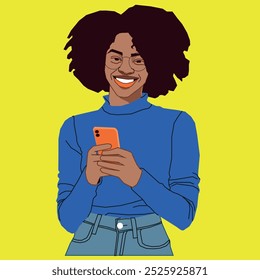 An African American happy lady with a mobile phone and afro hair looking so happy wearing glasses.