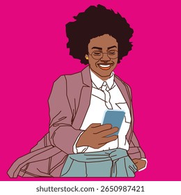 African American happy lady in pink suit holding a mobile phone