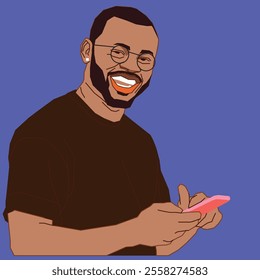 An African American happy male with a cell phone looks sideways and wears glasses.