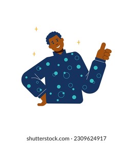 African american happy man shows thumb up. Satisfied man shows gesture meaning cool and all right, flat vector illustration in cartoon style isolated on white background.