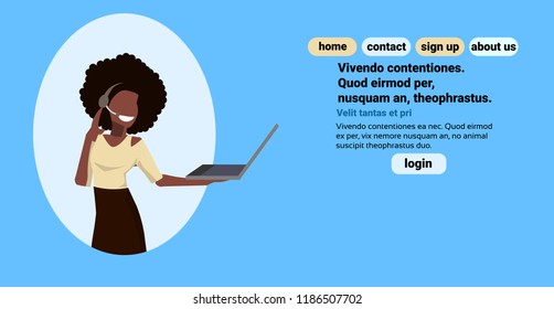 african american headset woman hold laptop online support service concept call center operator female cartoon character portrait horizontal blue background flat vector illustration