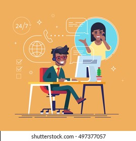 African american helpline operator with headset consulting a client. Online global tech support 24/7. Operator and customer. Technical support concept. Vector illustration in flat design.