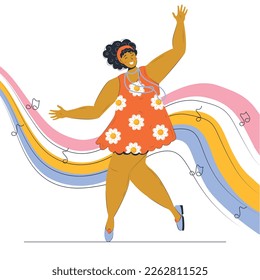 mujer hippie afroamericana en un vestido con maricas bailando contra el fondo de las olas de arcoiris de la música