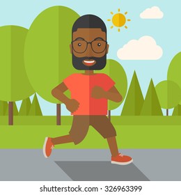 An African American hipster man in glasses jogging in the park vector flat design illustration. Lifestyle concept. Square layout.