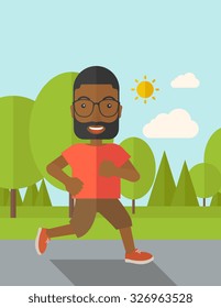 An African American hipster man in glasses jogging in the park vector flat design illustration. Lifestyle concept. Vertical layout with a text space.
