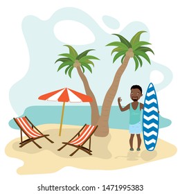 African american hipster surfer with the beard standing with a surfboard on the beach. Cartoon male character. Flat vector illustration