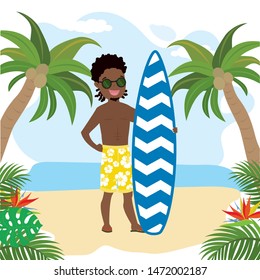 African american hipster surfer with the beard standing with a surfboard on the beach. Cartoon male character. Flat vector illustration